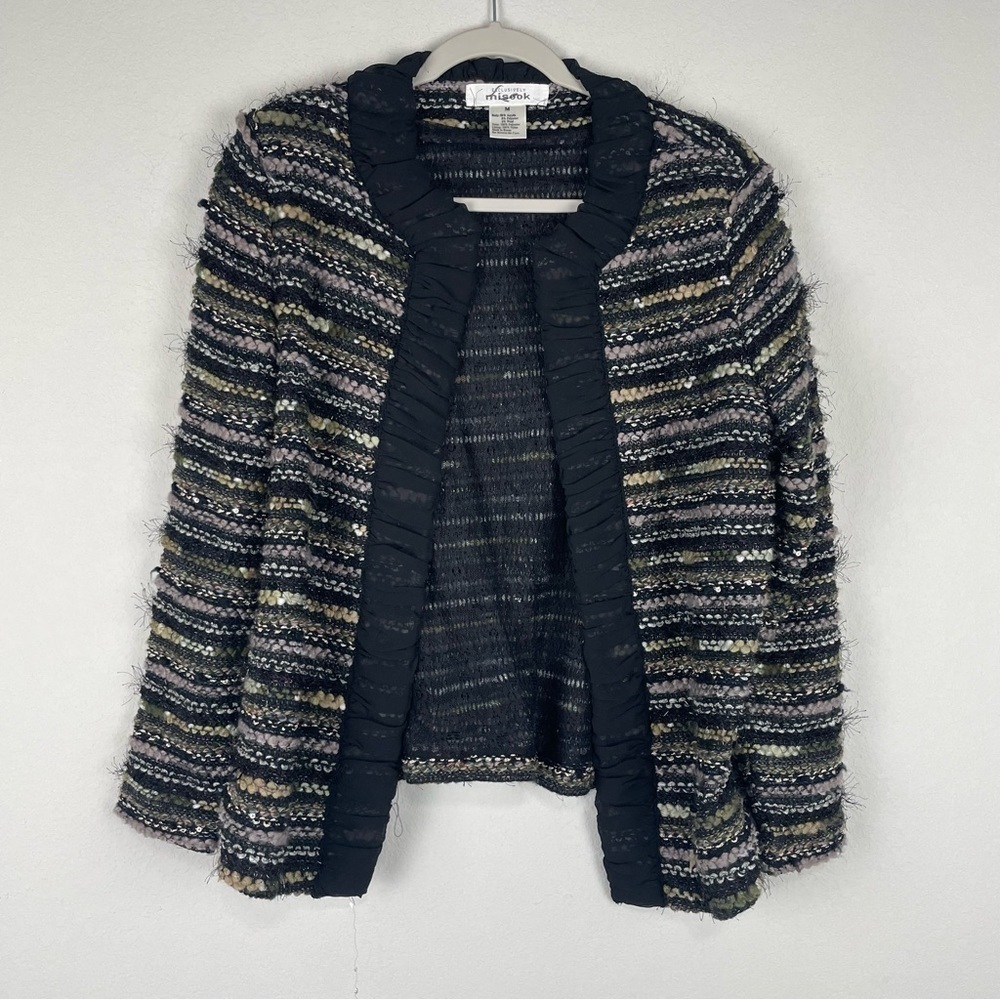 Exclusively Misook Black Multicolor Chunky Knit Fuzzy Open Front Jacket Medium